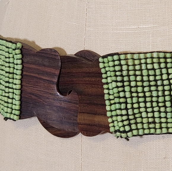 Green bead and wood hand made belt. Stretchy. 30 inches at smallest - Picture 2 of 3